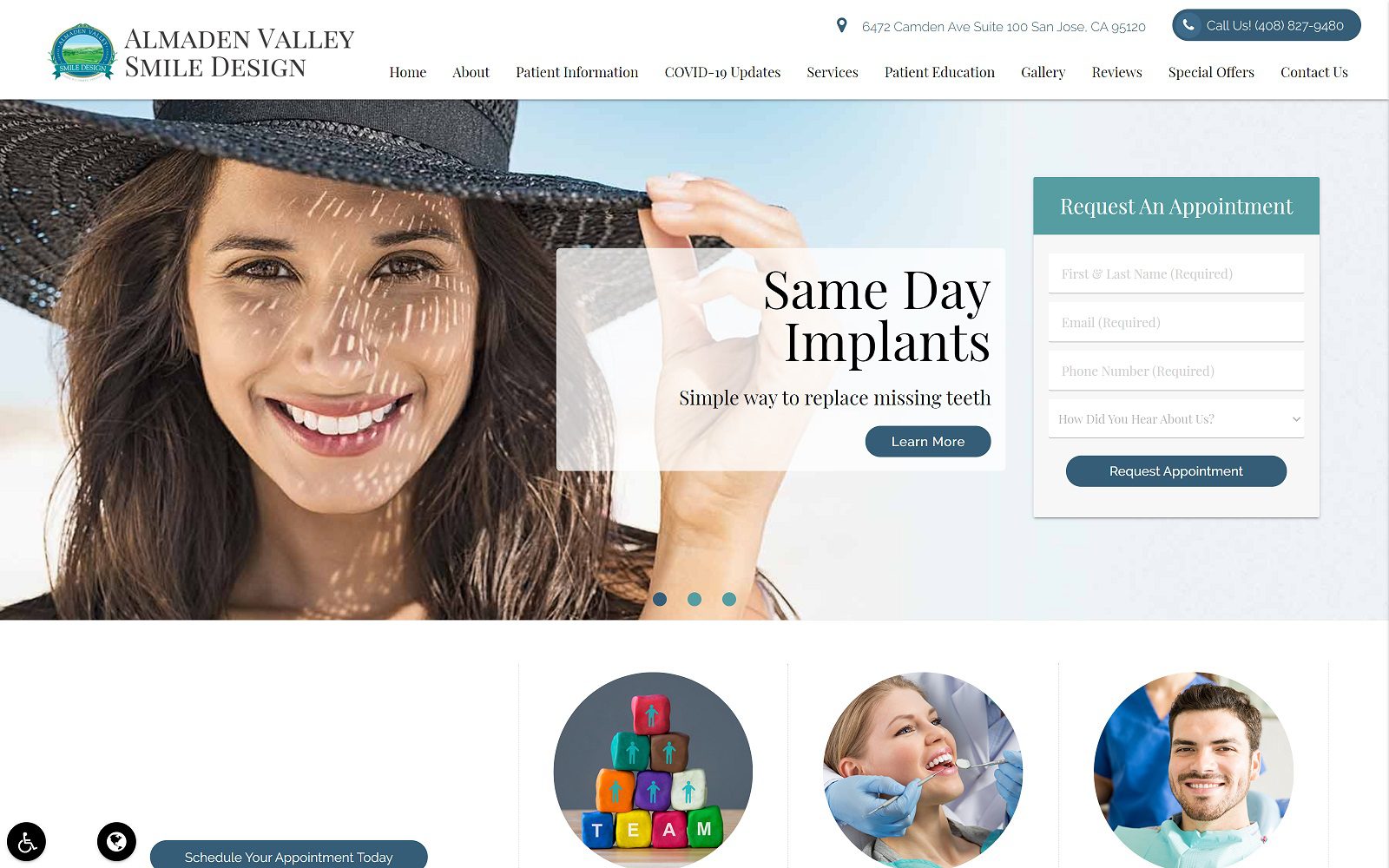 The screenshot of almaden valley smile design website