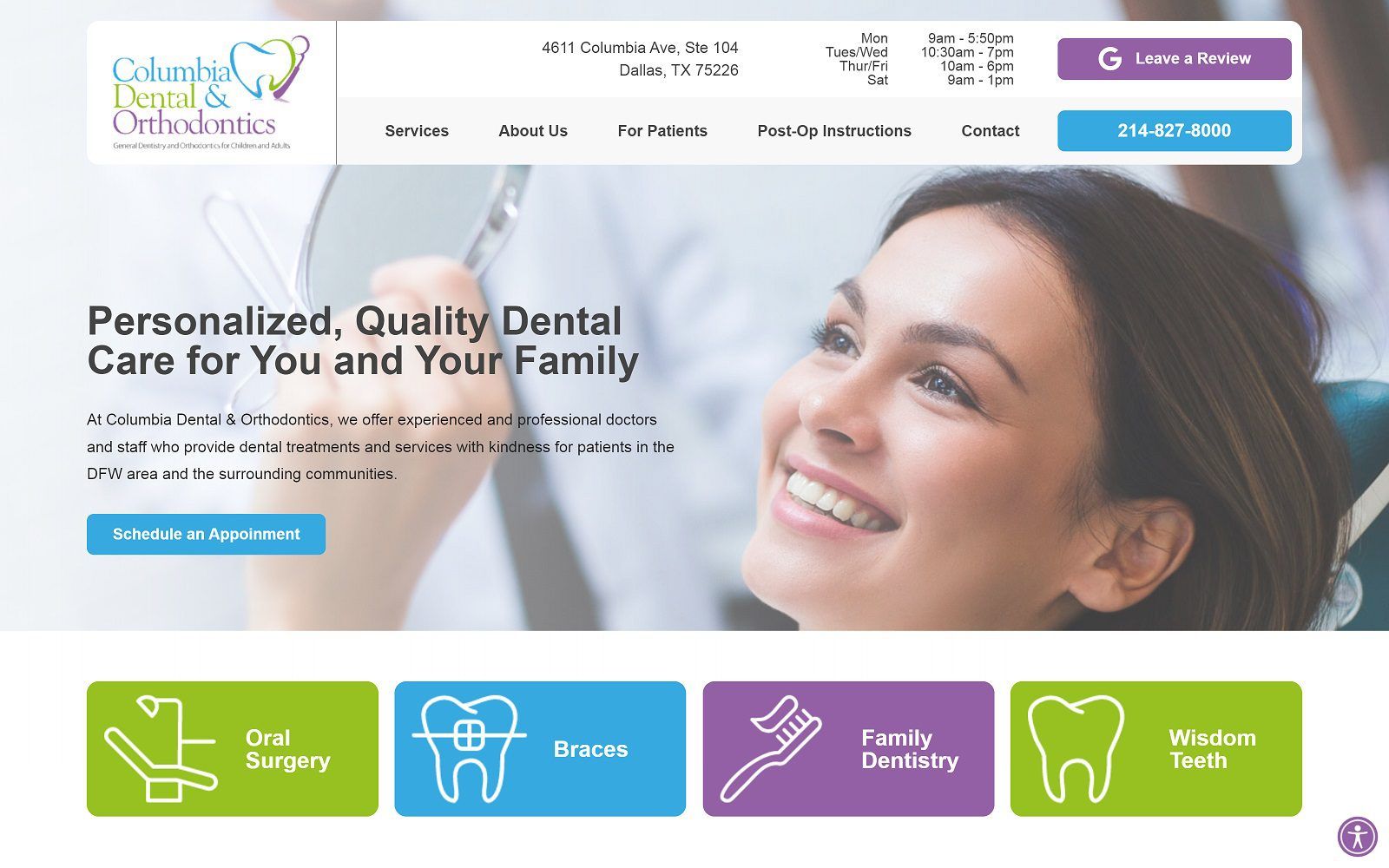 The screenshot of columbia dental and orthodontics website