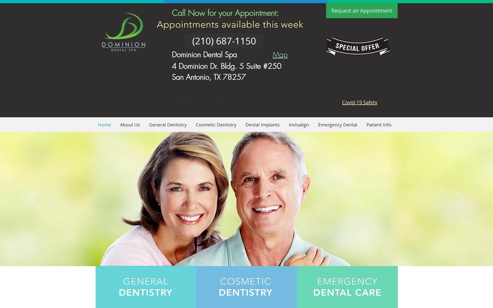 The screenshot of dominion dental spa website