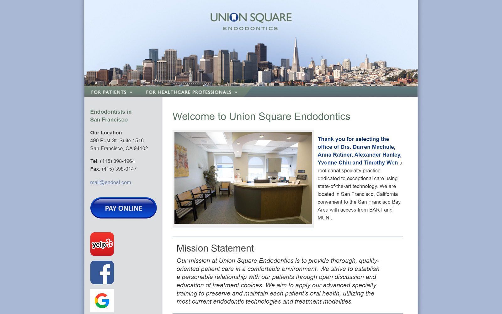 The screenshot of union square endodontics website
