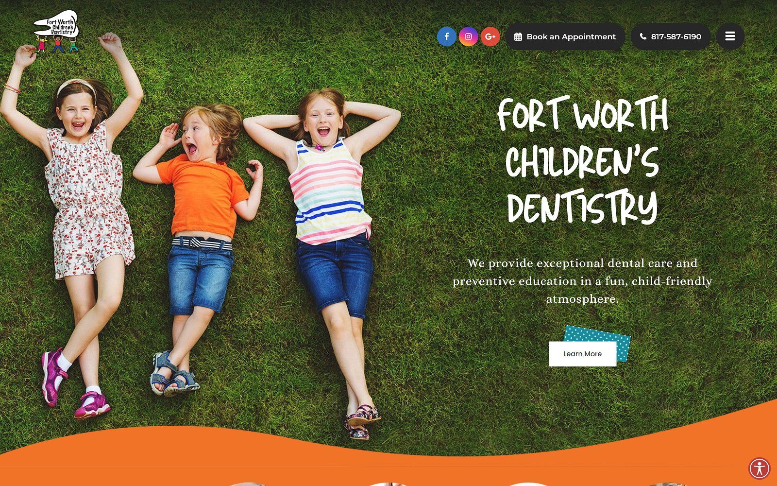 The screenshot of fort worth children's dentistry website