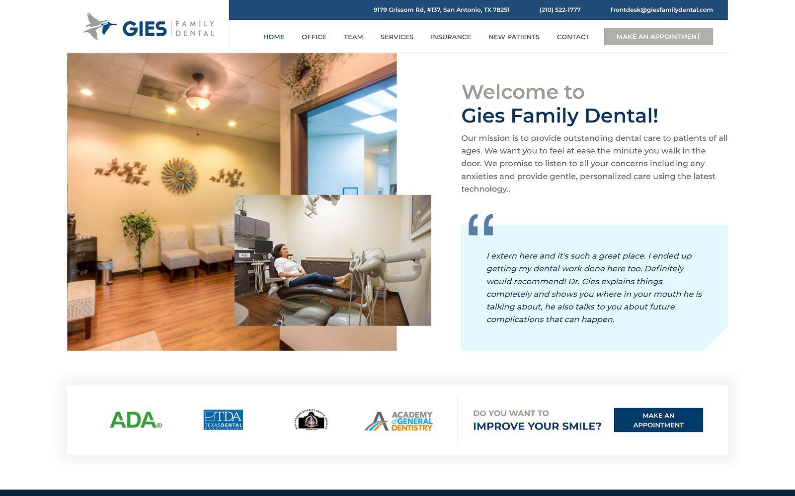 The screenshot of gies family dental website