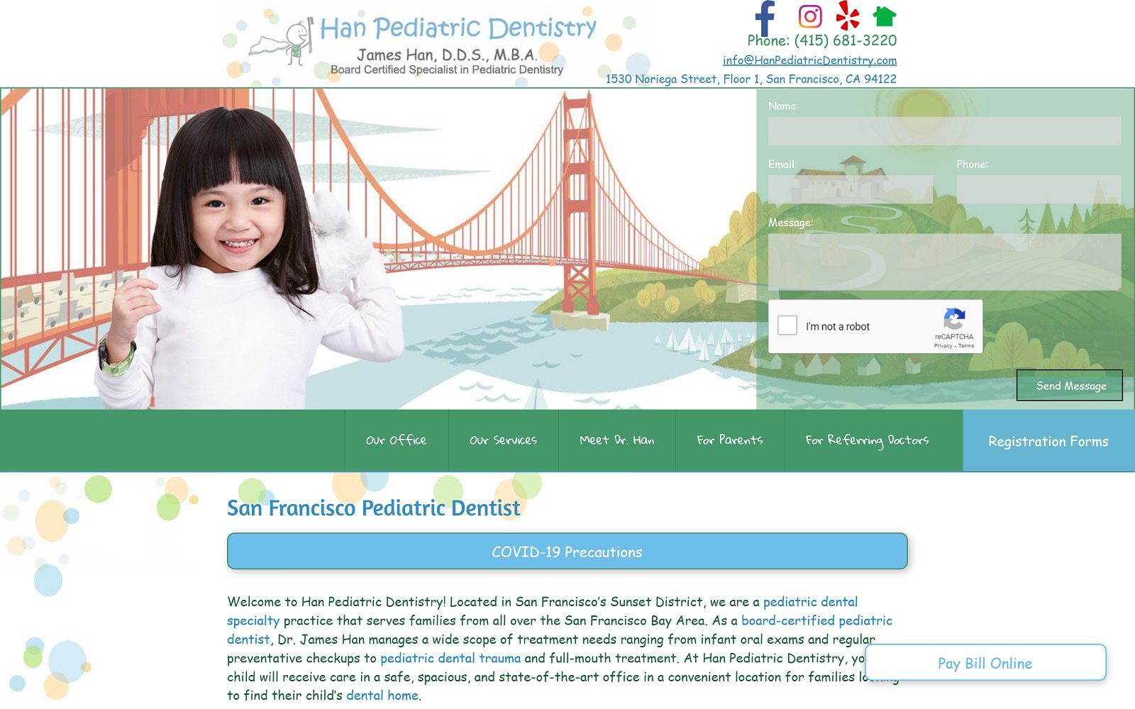 The screenshot of han pediatric dentistry dr. James han website