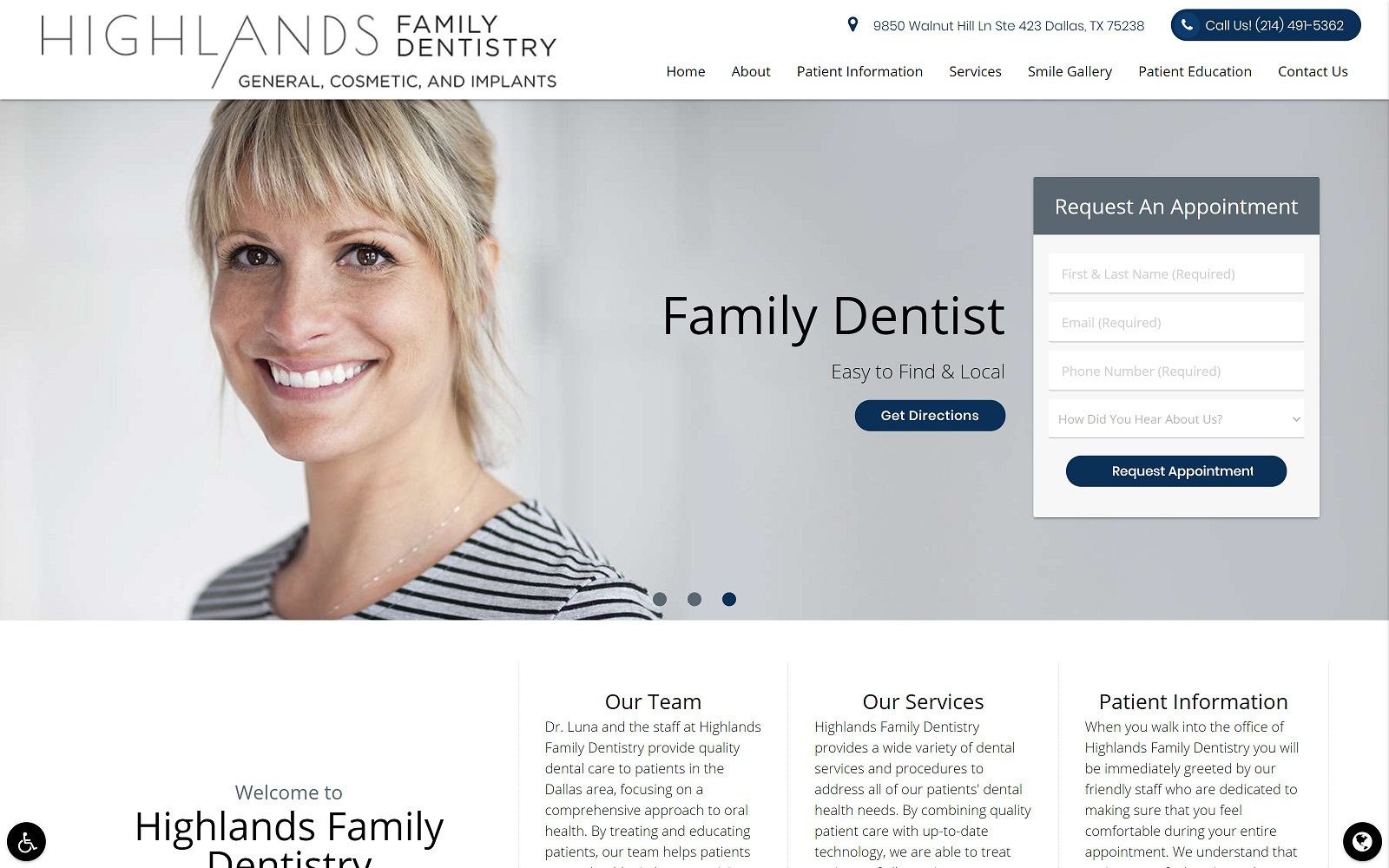 The screenshot of highlands family dentistry website