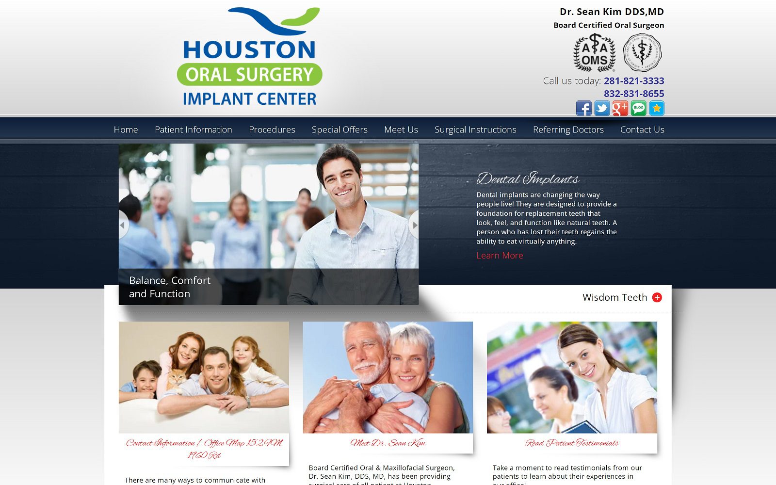 The screenshot of houston oral surgery implant center dr. Sean kim website