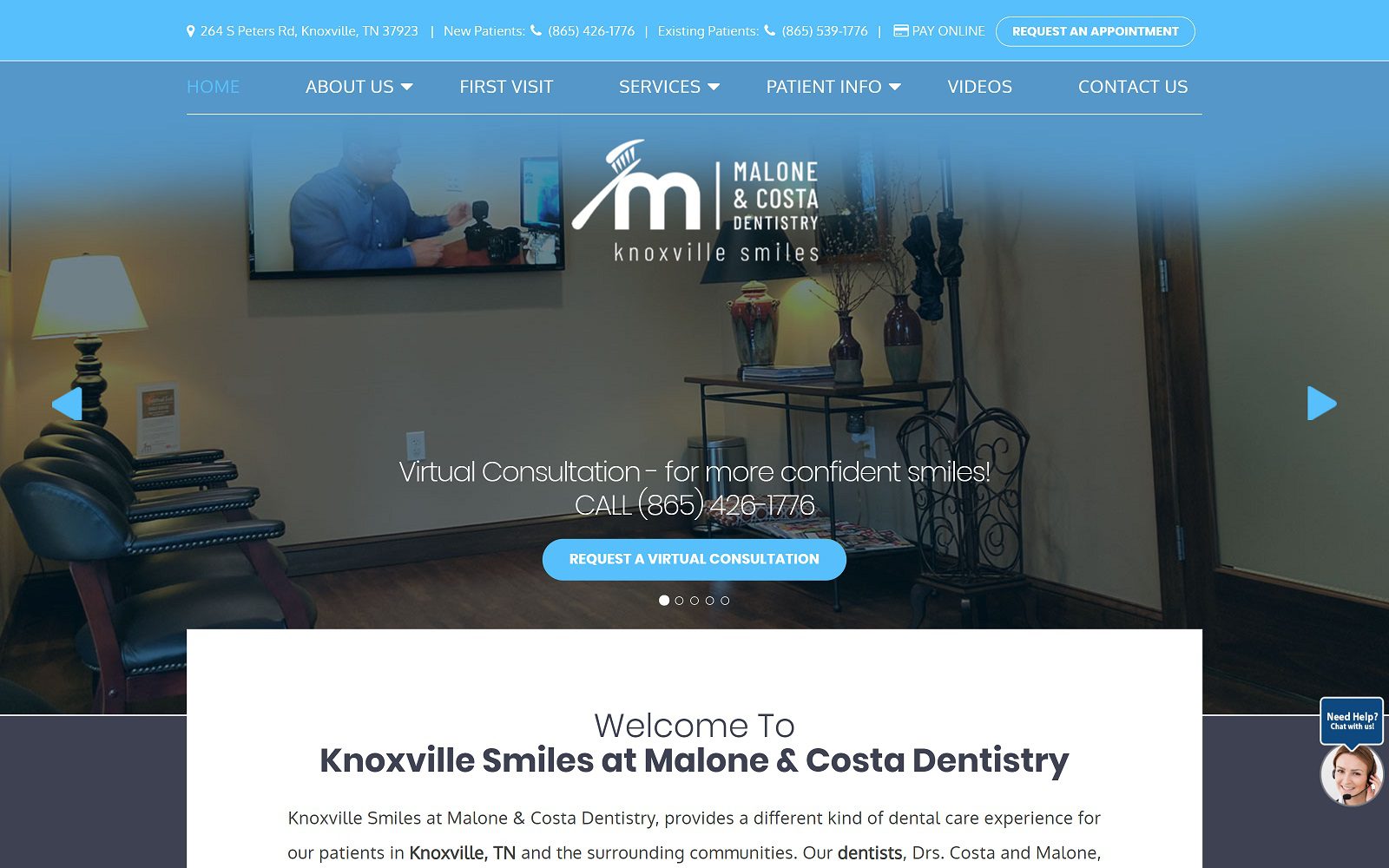 The screenshot of knoxville smiles at malone & costa dentistry knoxvillesmiles. Com website