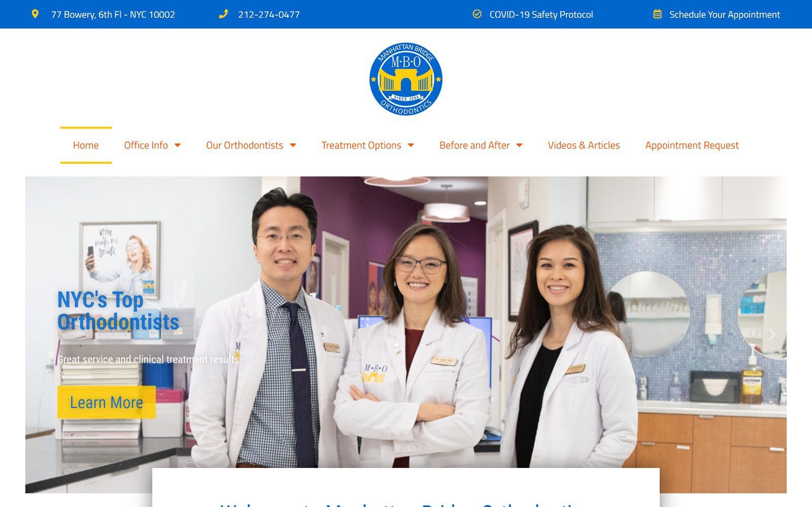 The screenshot of manhattan bridge orthodontics website
