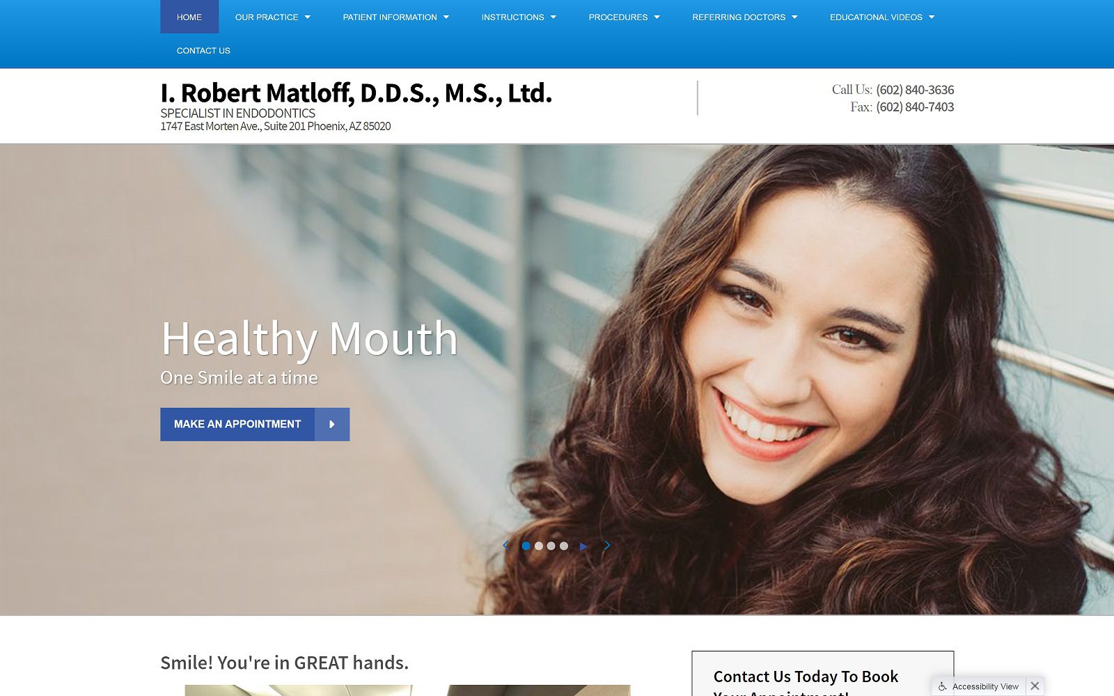 The screenshot of dr. Ira r. Matloff, dds website