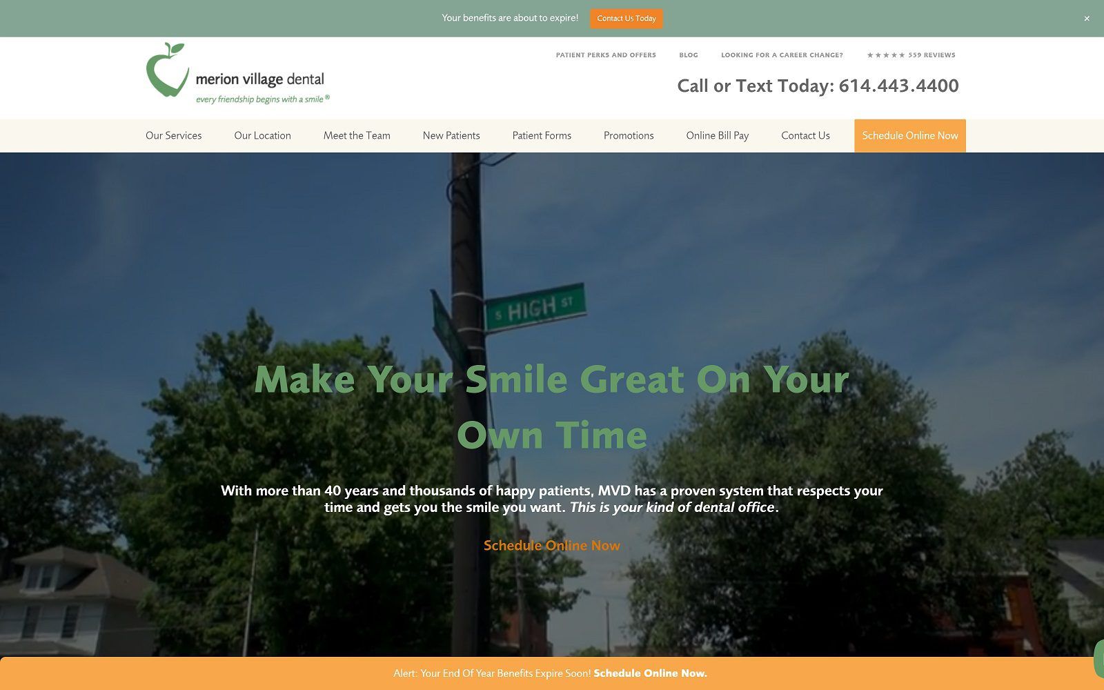 The screenshot of merion village dental website