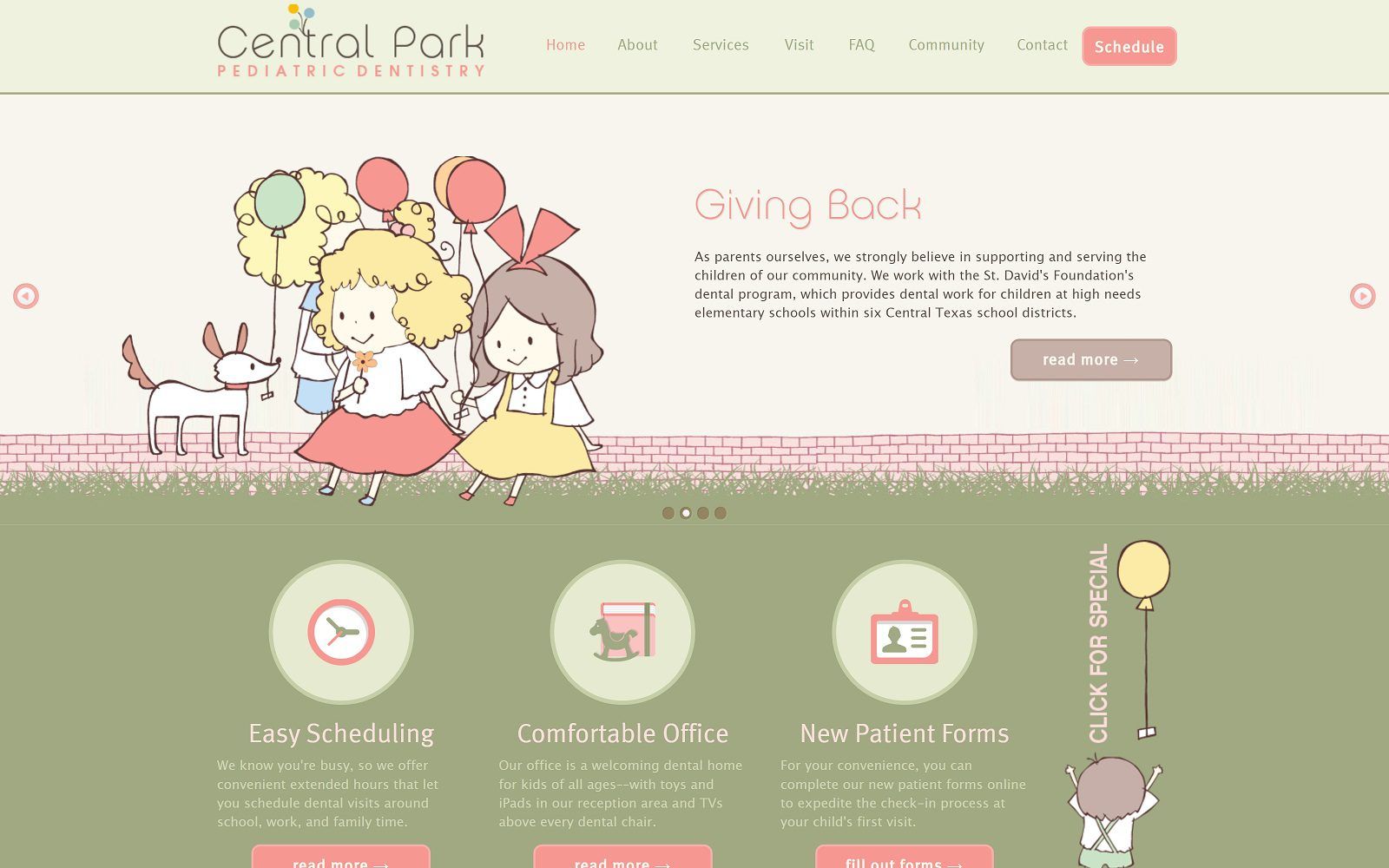 The screenshot of central park pediatric dentistry website