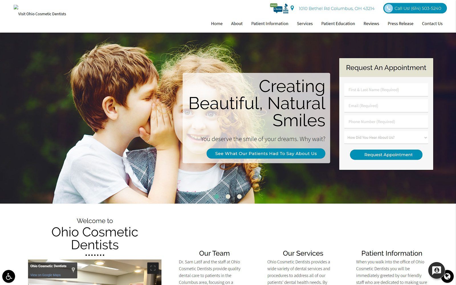 The screenshot of ohio cosmetic dentists website