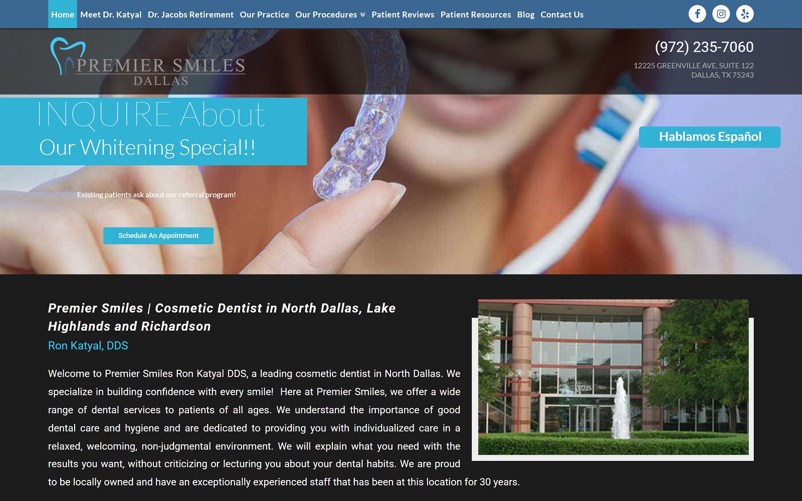 The screenshot of premier smiles ron katyal dds website