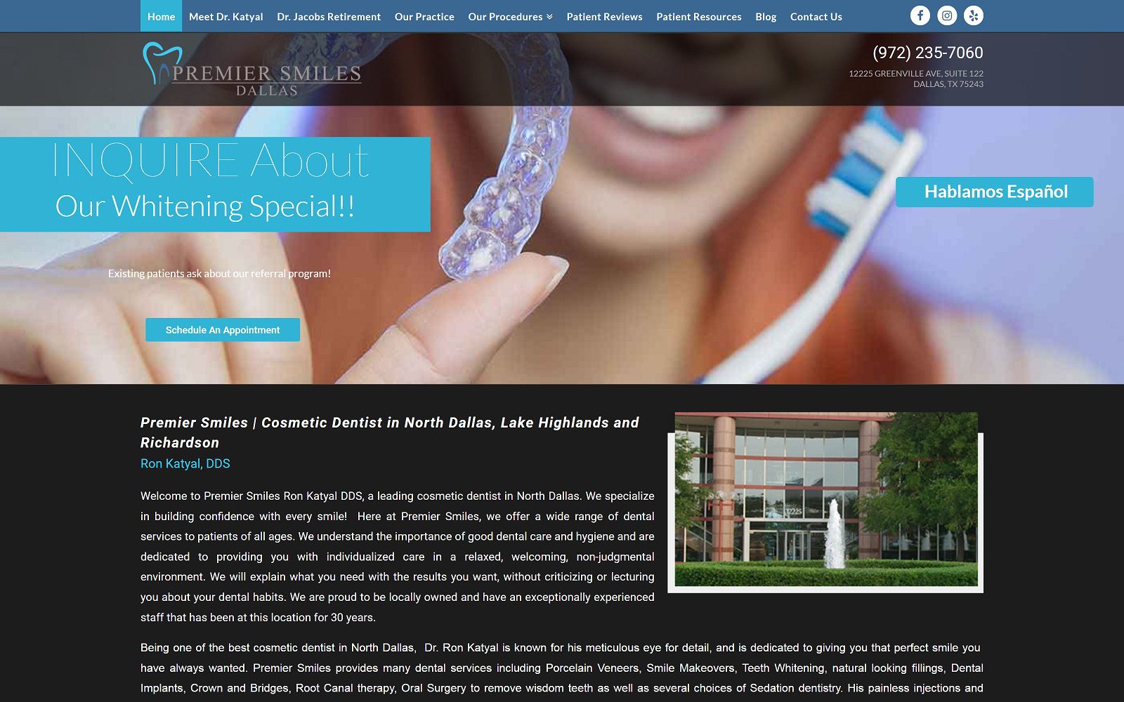 The screenshot of premier smiles ron katyal dds website