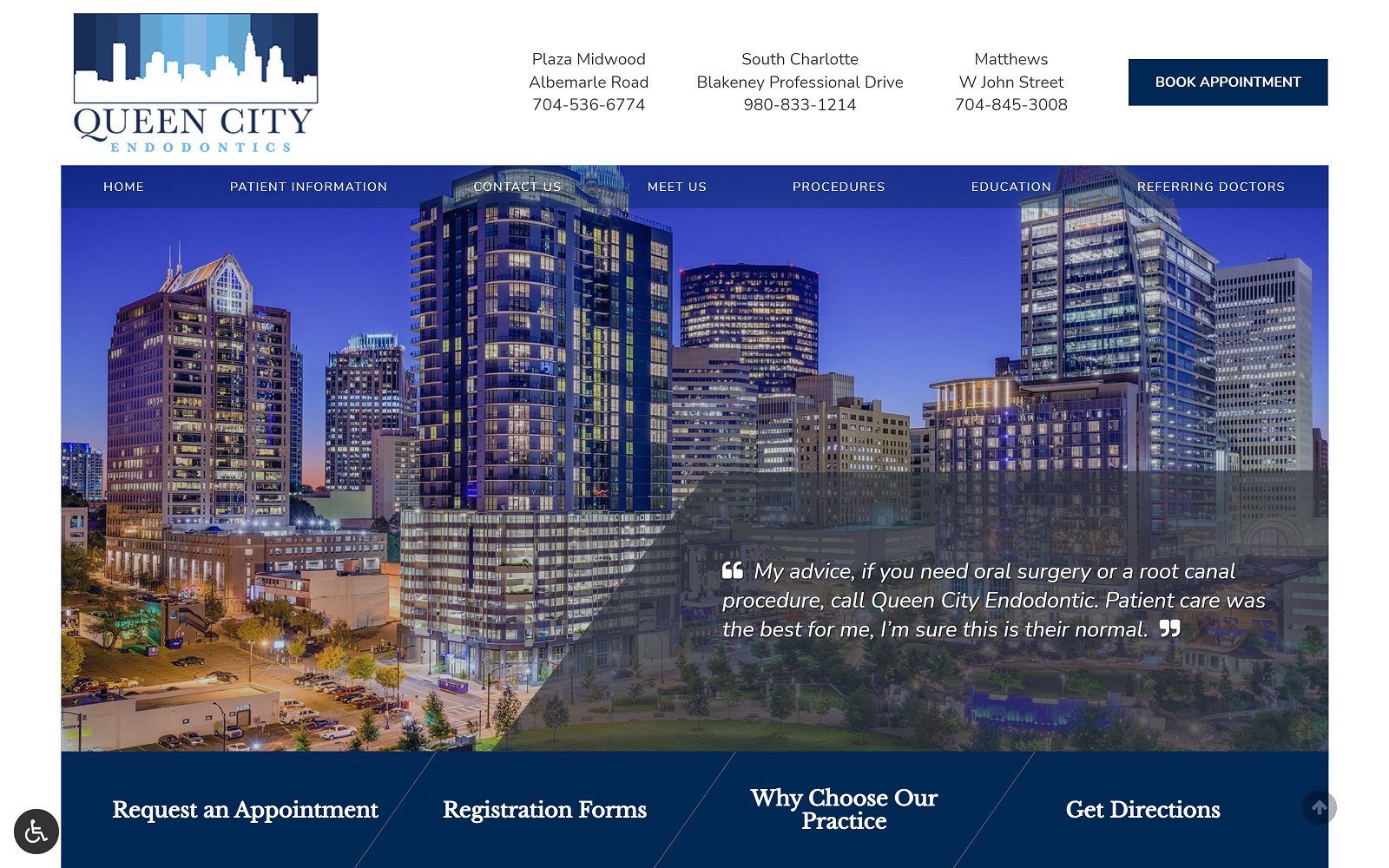 The screenshot of queen city endodontics plaza midwood website