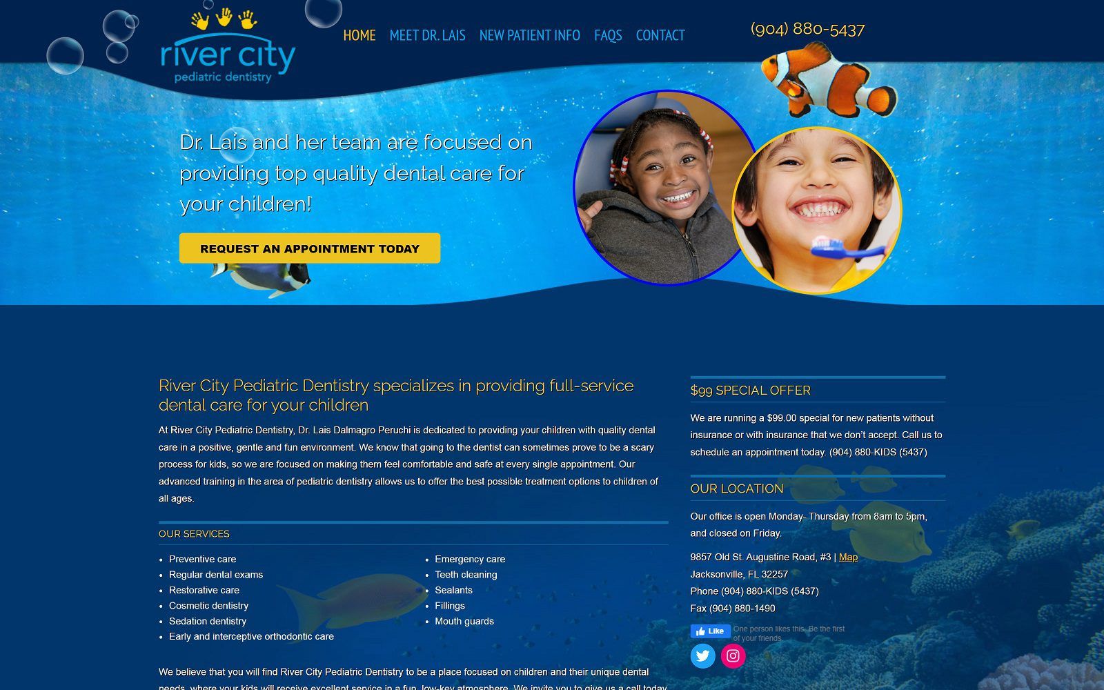The screenshot of river city pediatric dentistry dr. Lais dalmagro peruchi website