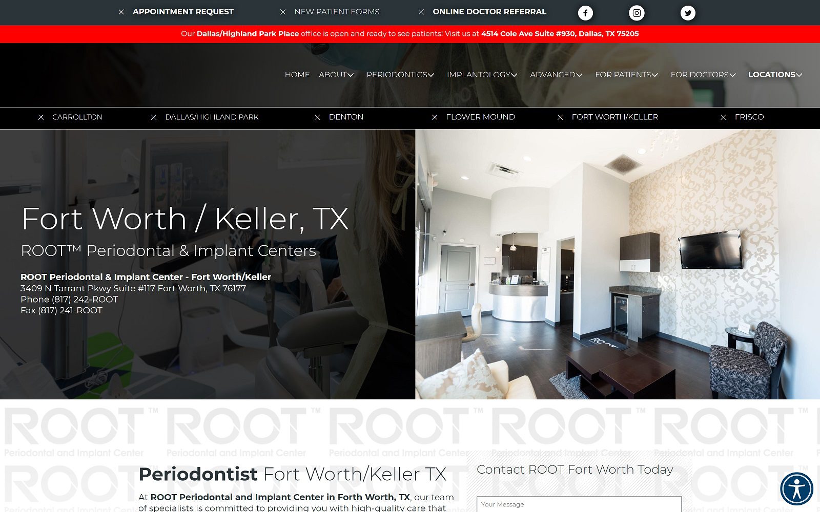 The screenshot of root™ periodontal & implant center - fort worth/keller website