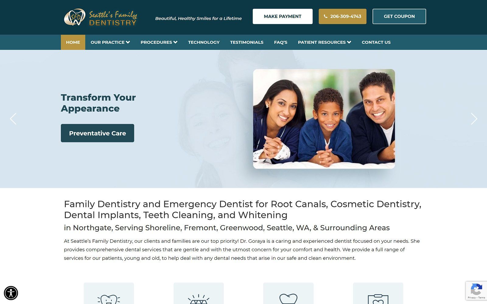 The screenshot of seattle's family dentistry website