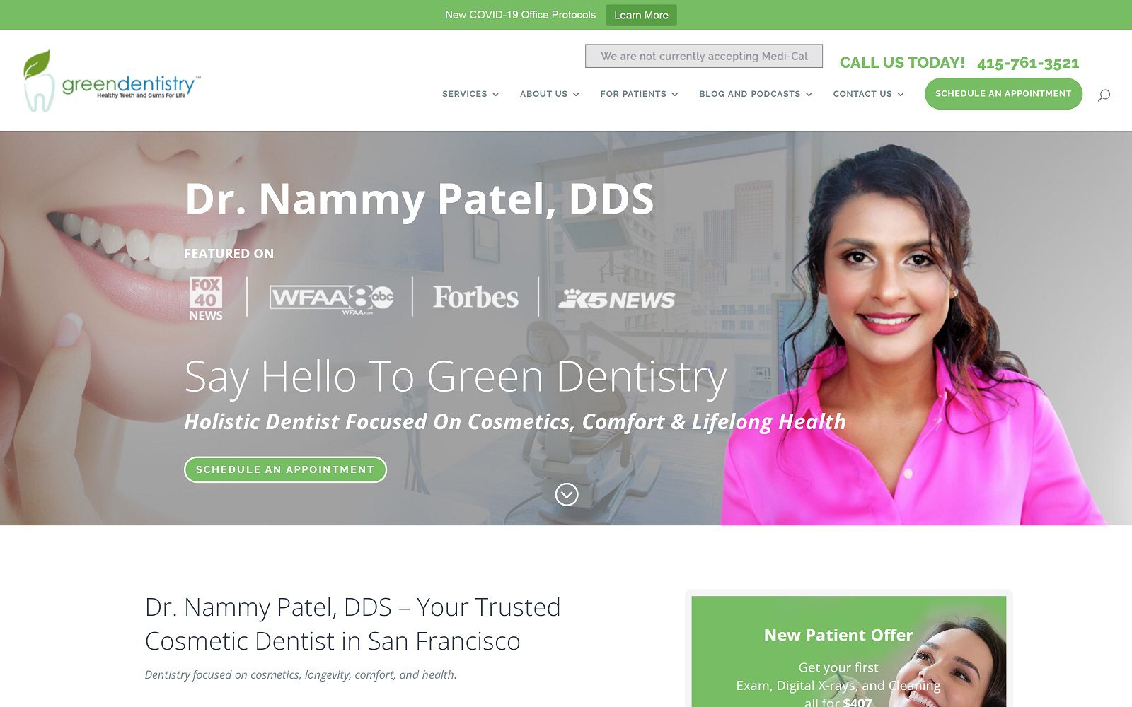 The screenshot of green dentistry dr. Nammy patel website