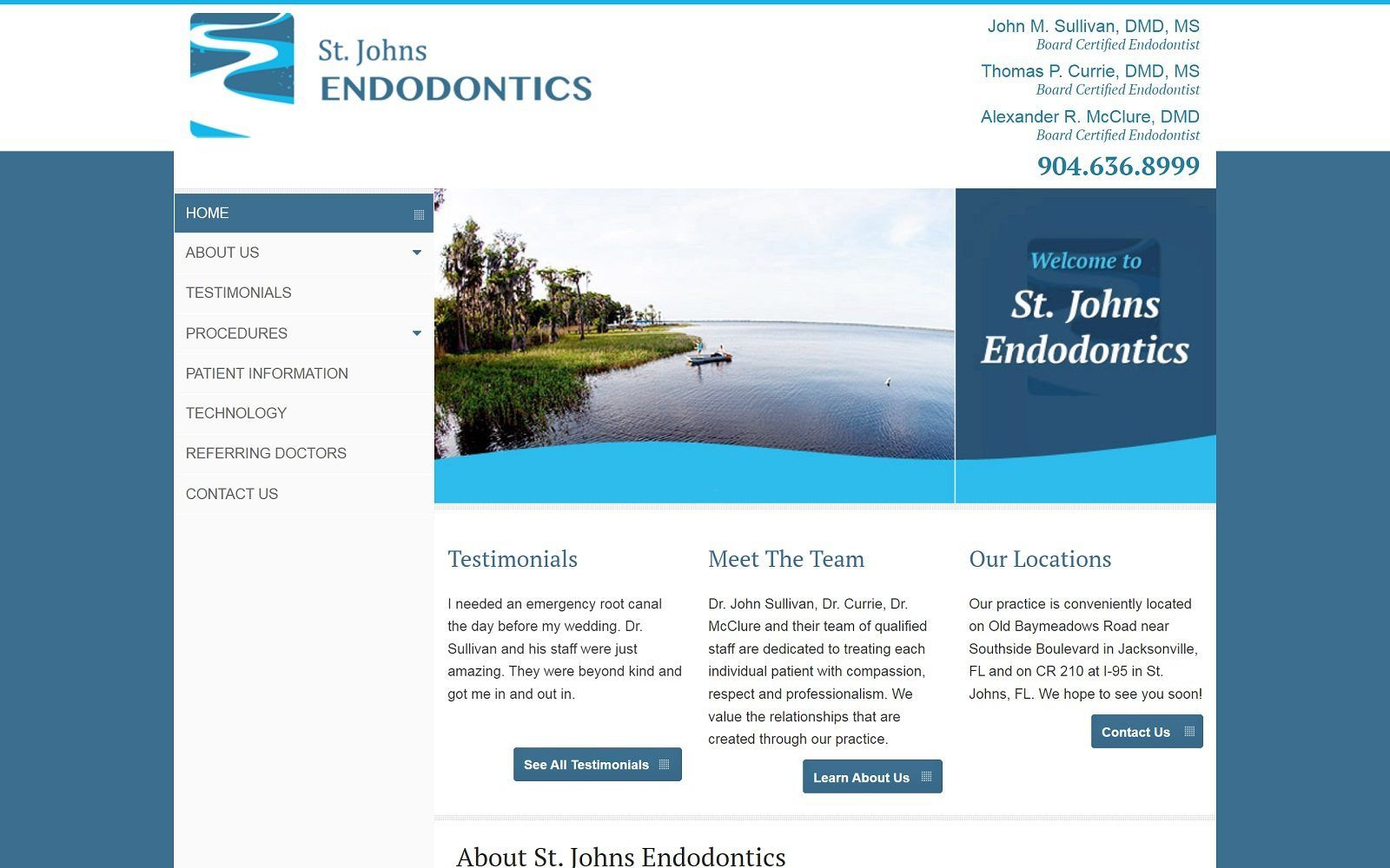 The screenshot of st. Johns endodontics, dr. Sullivan, dr. Currie and dr. Mcclure website