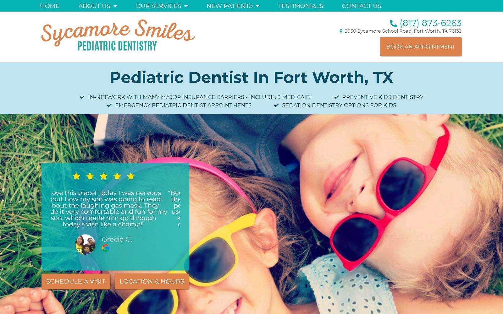 The screenshot of sycamore smiles pediatric dentistry website