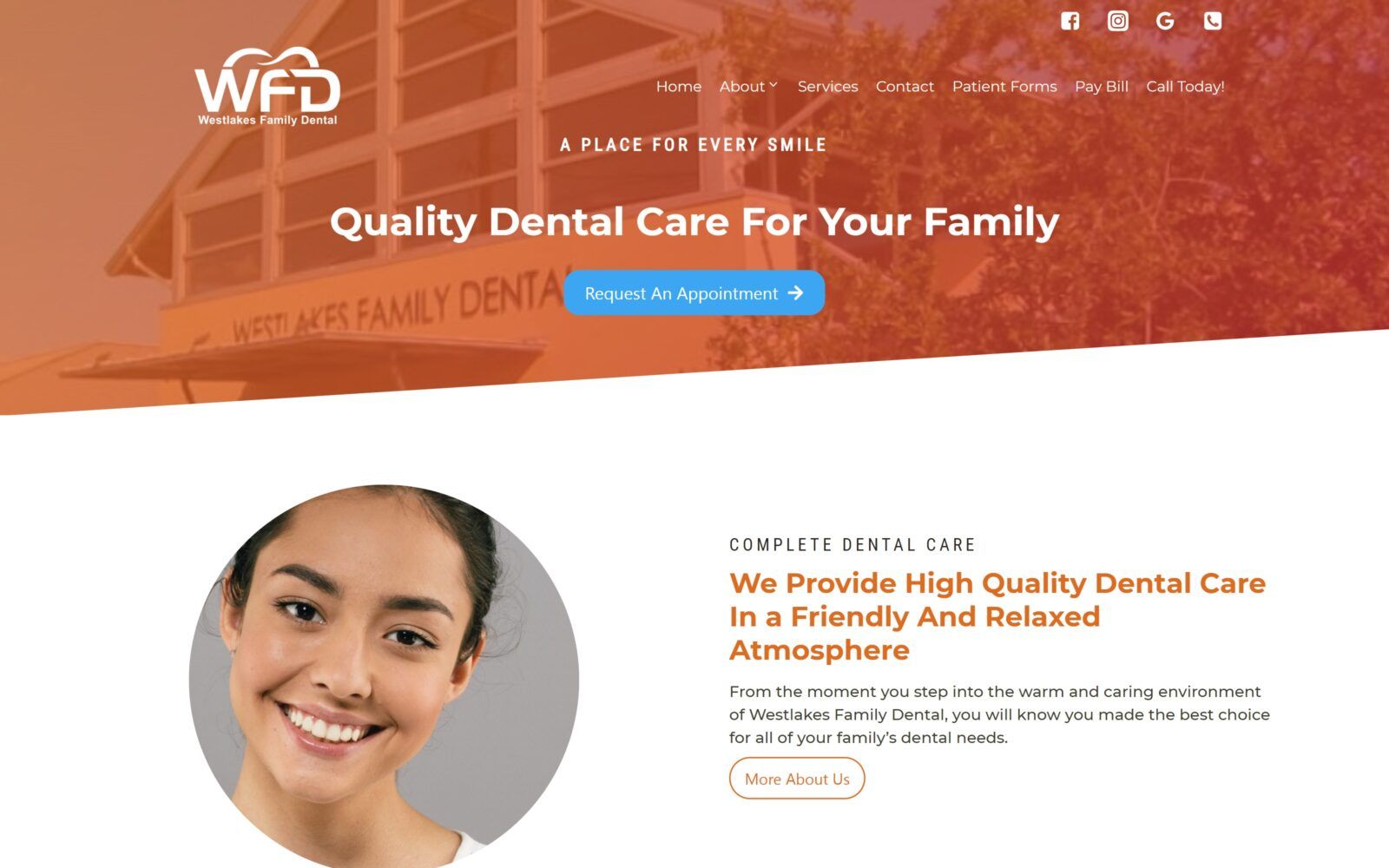 The screenshot of westlakes family dental website