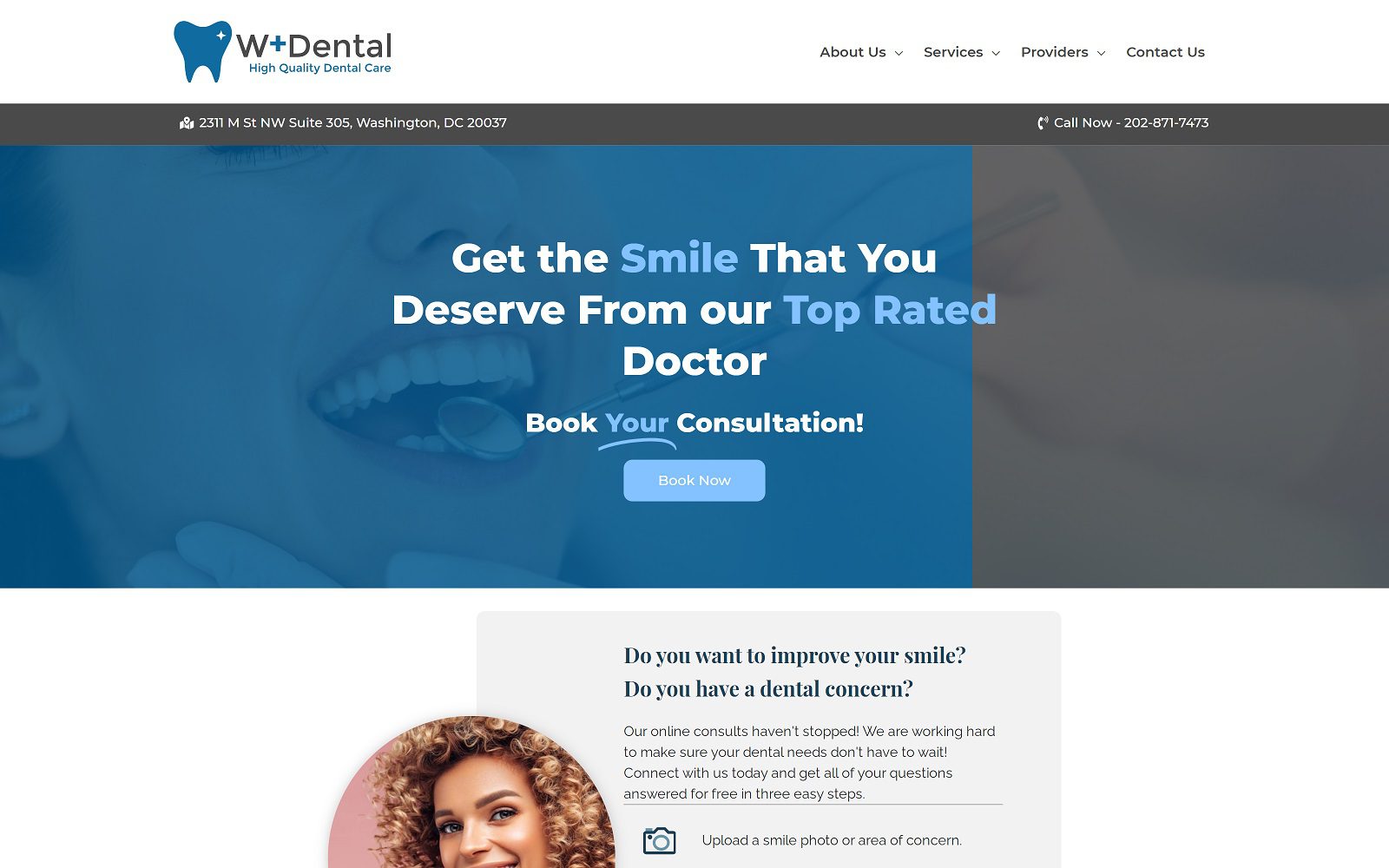 The screenshot of w plus dental of washington dc website