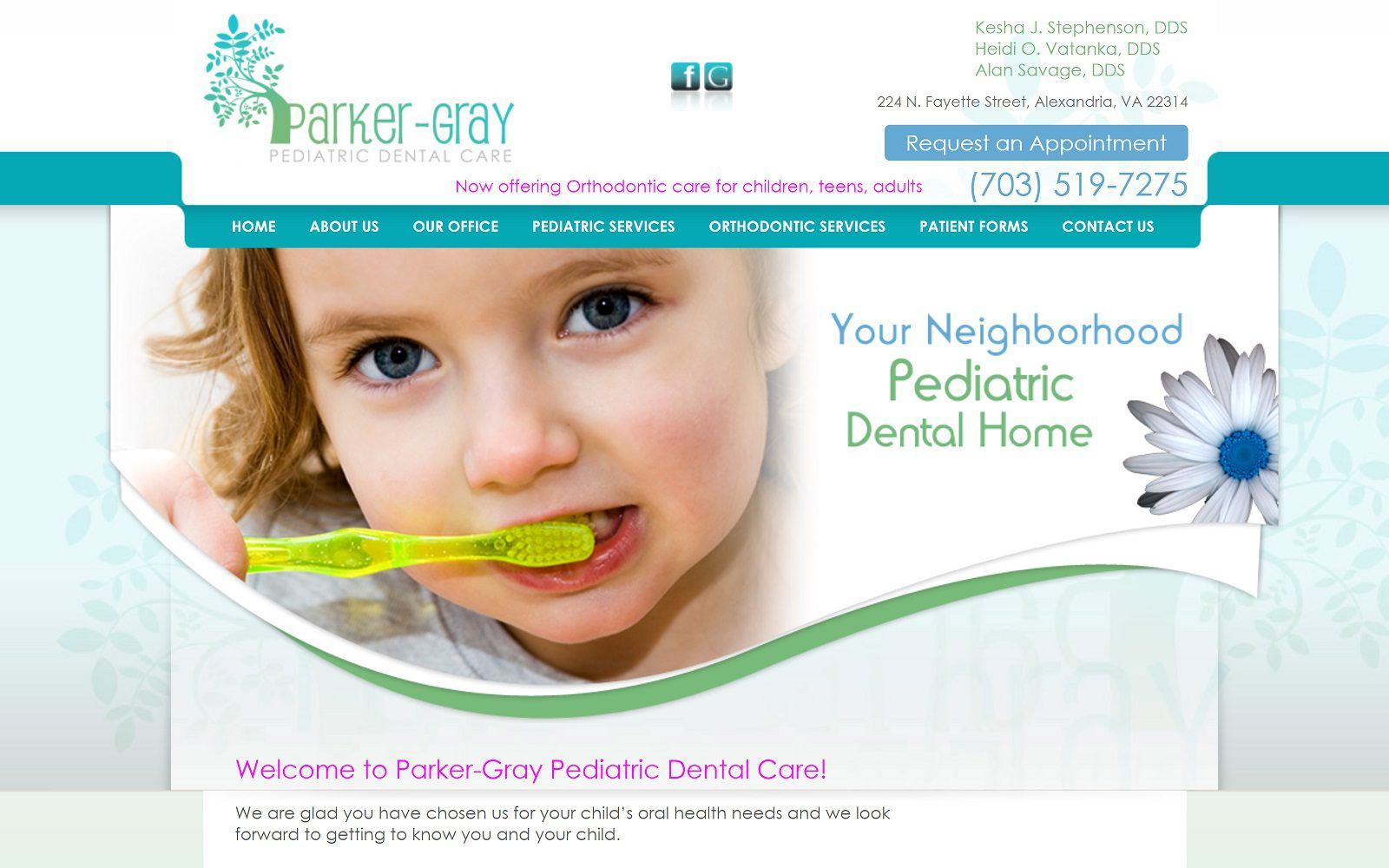 The screenshot of parker-gray pediatric dental care website
