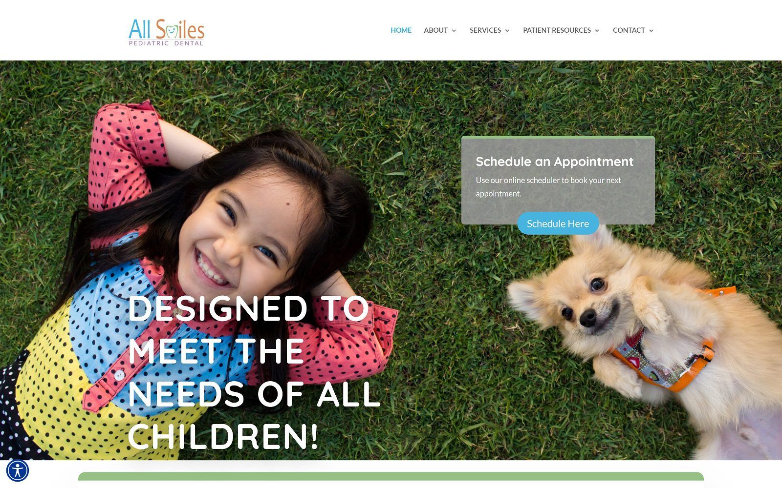 The screenshot of all smiles pediatric dental website