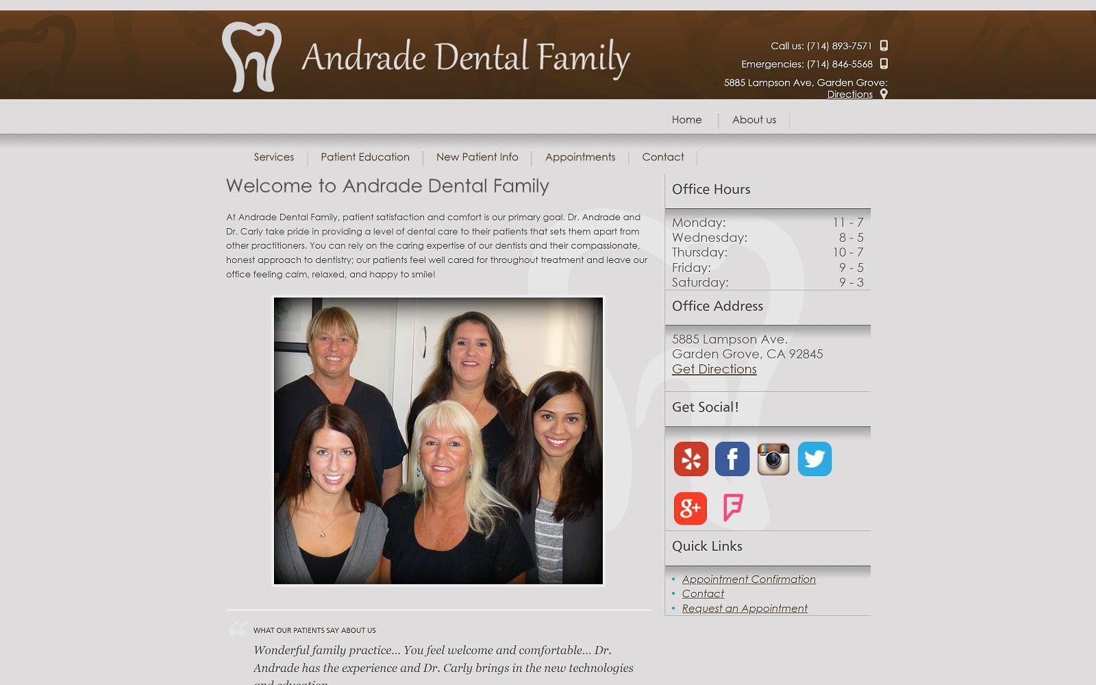 The screenshot of andrade dental family website