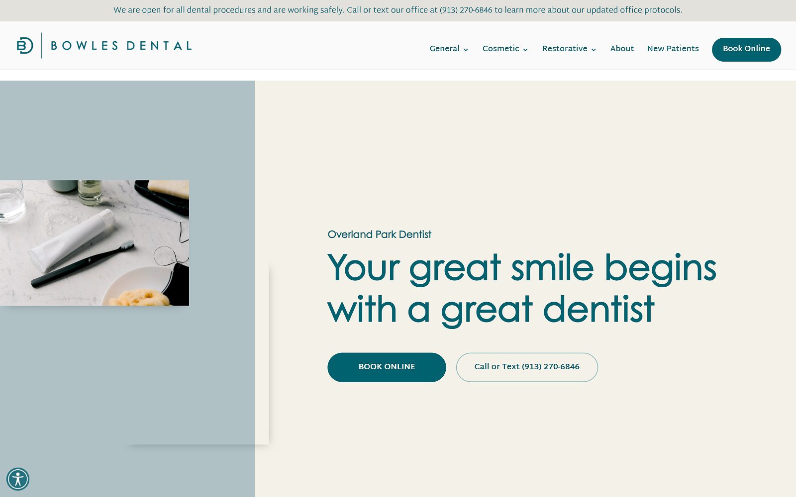 The screenshot of bowles dental bowlesdentalcenter. Com dr. Chad bowles website