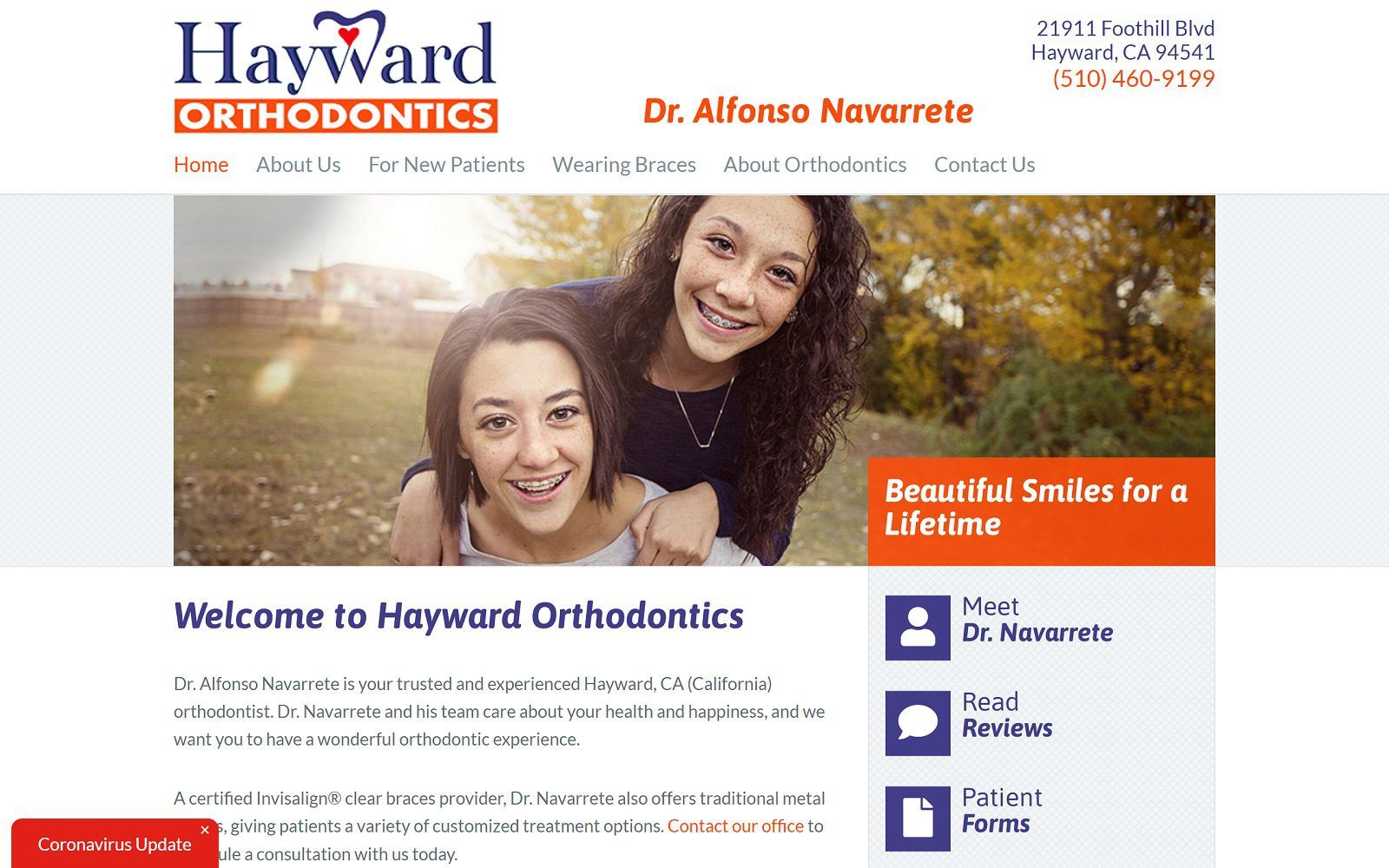The screenshot of hayward orthodontics braceshayward. Com dr. Alfonso navarrete website