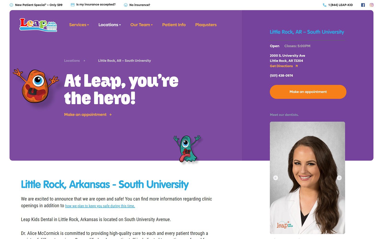 The screenshot of leap kids dental leapkidsdental. Com/locations/little-rock-university website