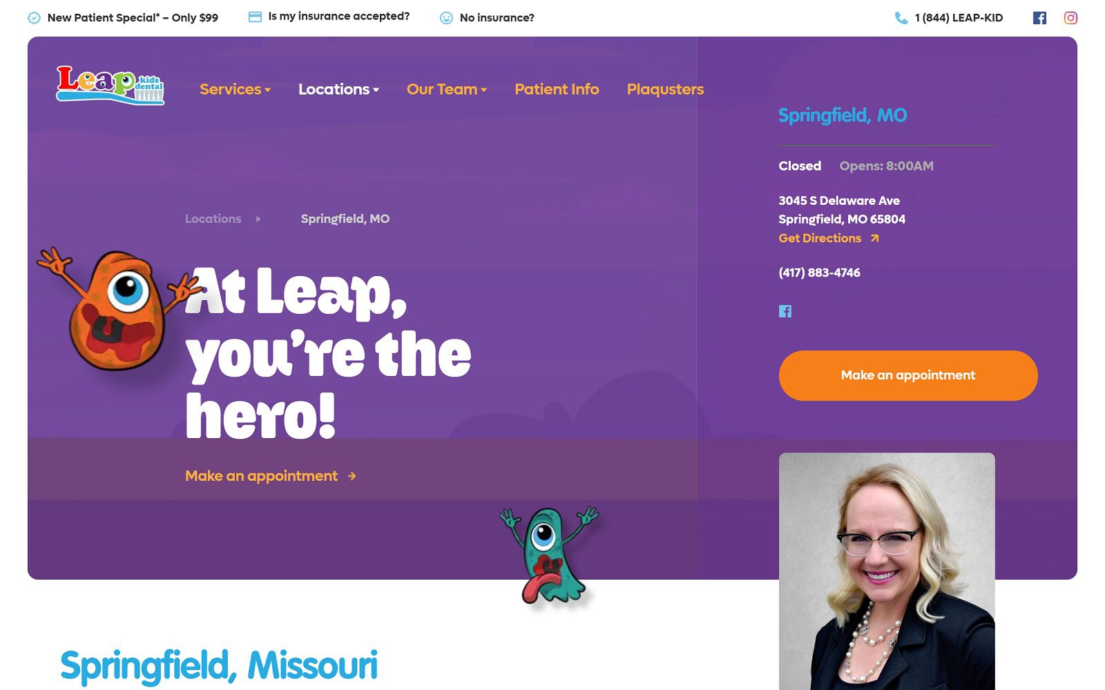 The screenshot of leap kids dental dr. Carrie arquitt website