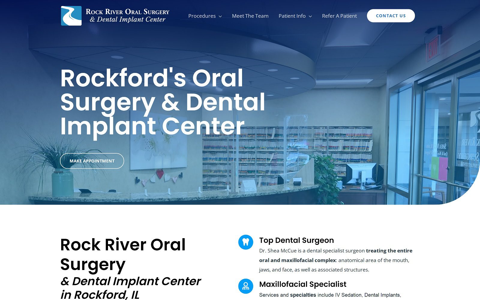 The screenshot of rock river oral surgery - dr. Shea mccue rockriveroralsurgery. Com website