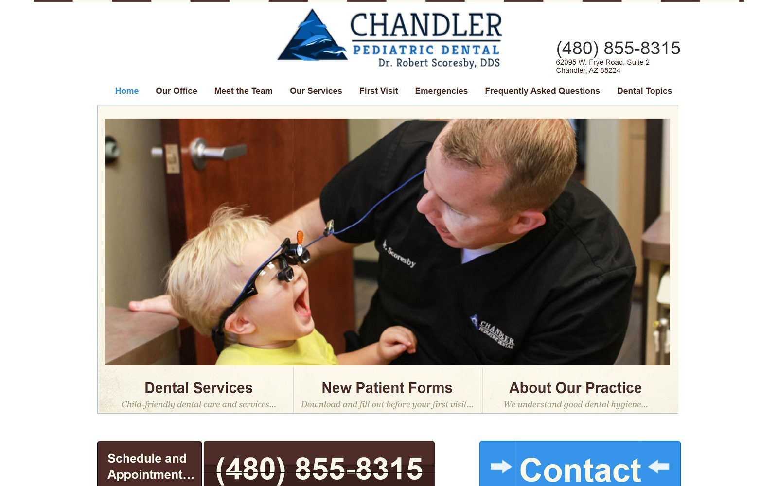 The screenshot of chandler pediatric dental dr. Robert scoresby website