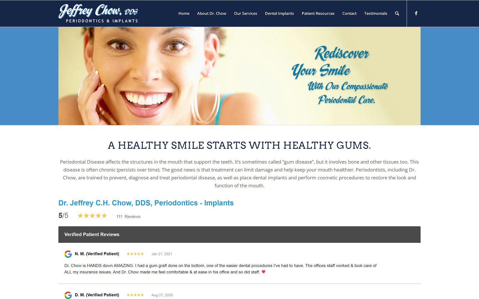 The screenshot of jeffrey chow periodontics website