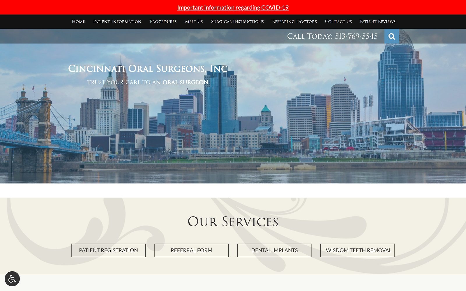 The screenshot of cincinnati oral surgeons, inc. Website