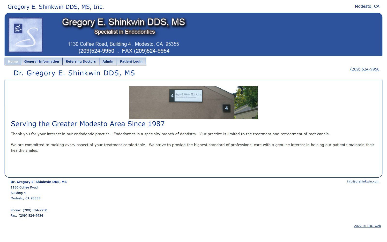 The screenshot of dr. Gregory e. Shinkwin, dds, ms website