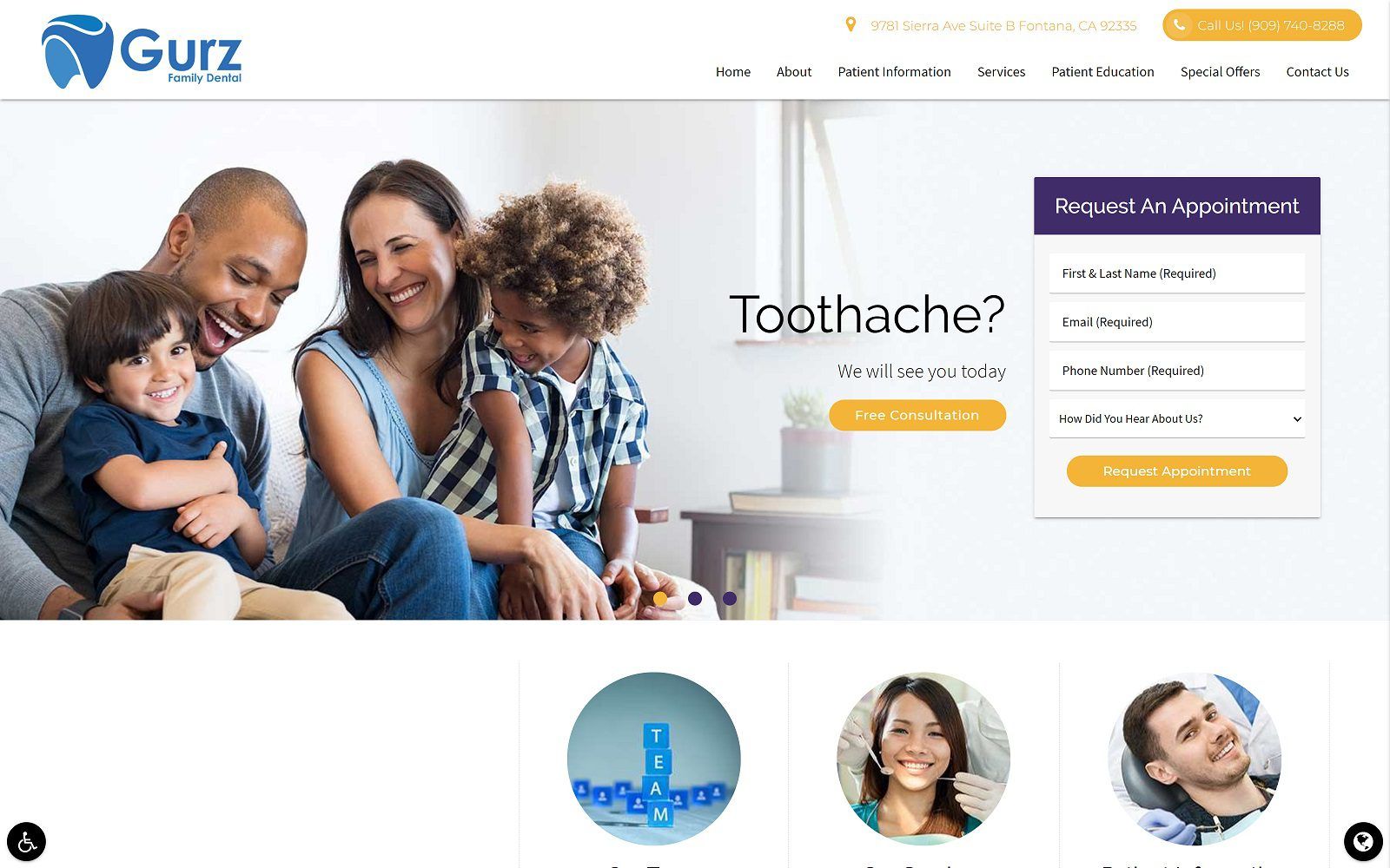 The screenshot of gurz family dental website