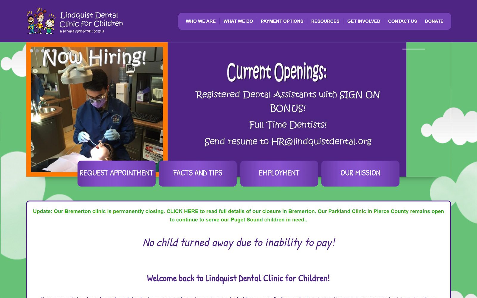 The screenshot of lindquist dental clinic for children website