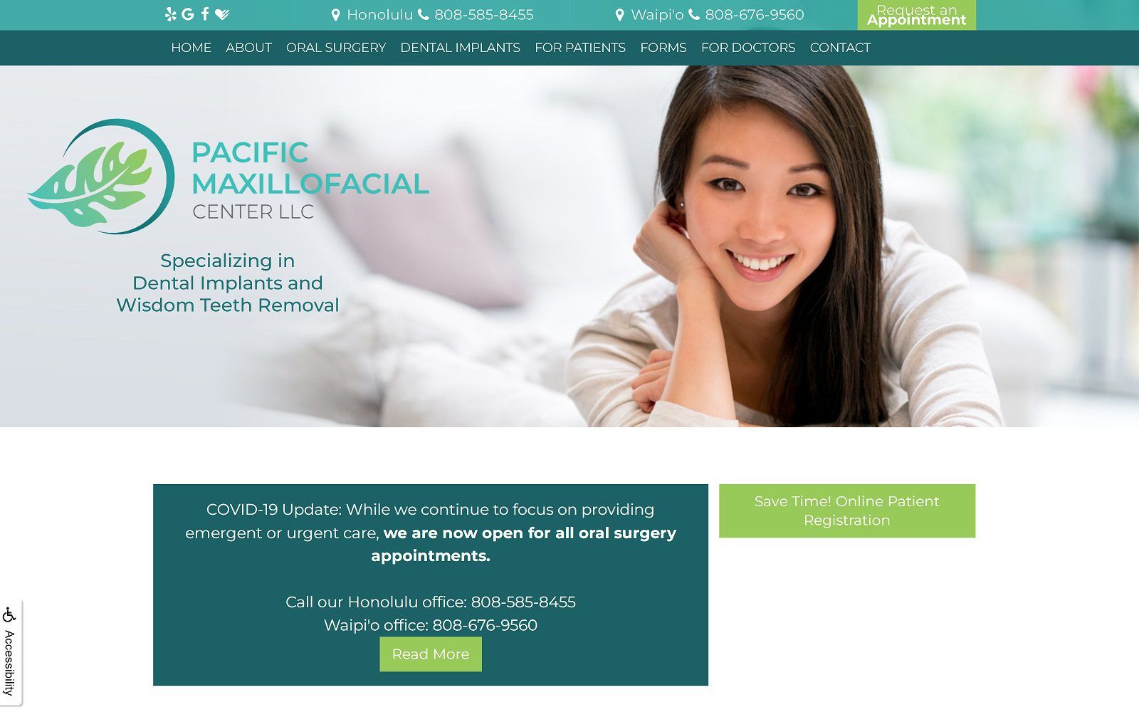 The screenshot of pacific maxillofacial center website