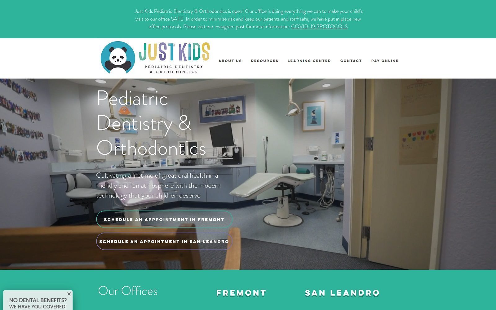 The screenshot of just kids pediatric dentistry & orthodontics - fremont pandadds. Com dr. Jonathan chang website