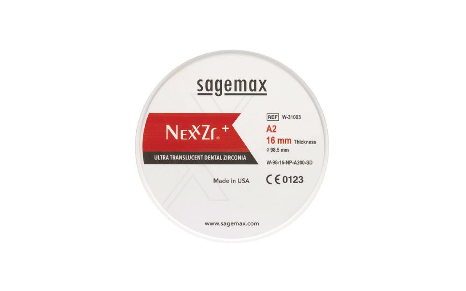 Sagemax NexxZr® + CAD/CAM Disks - Shade A2, Size W98, 20 mm Thickness