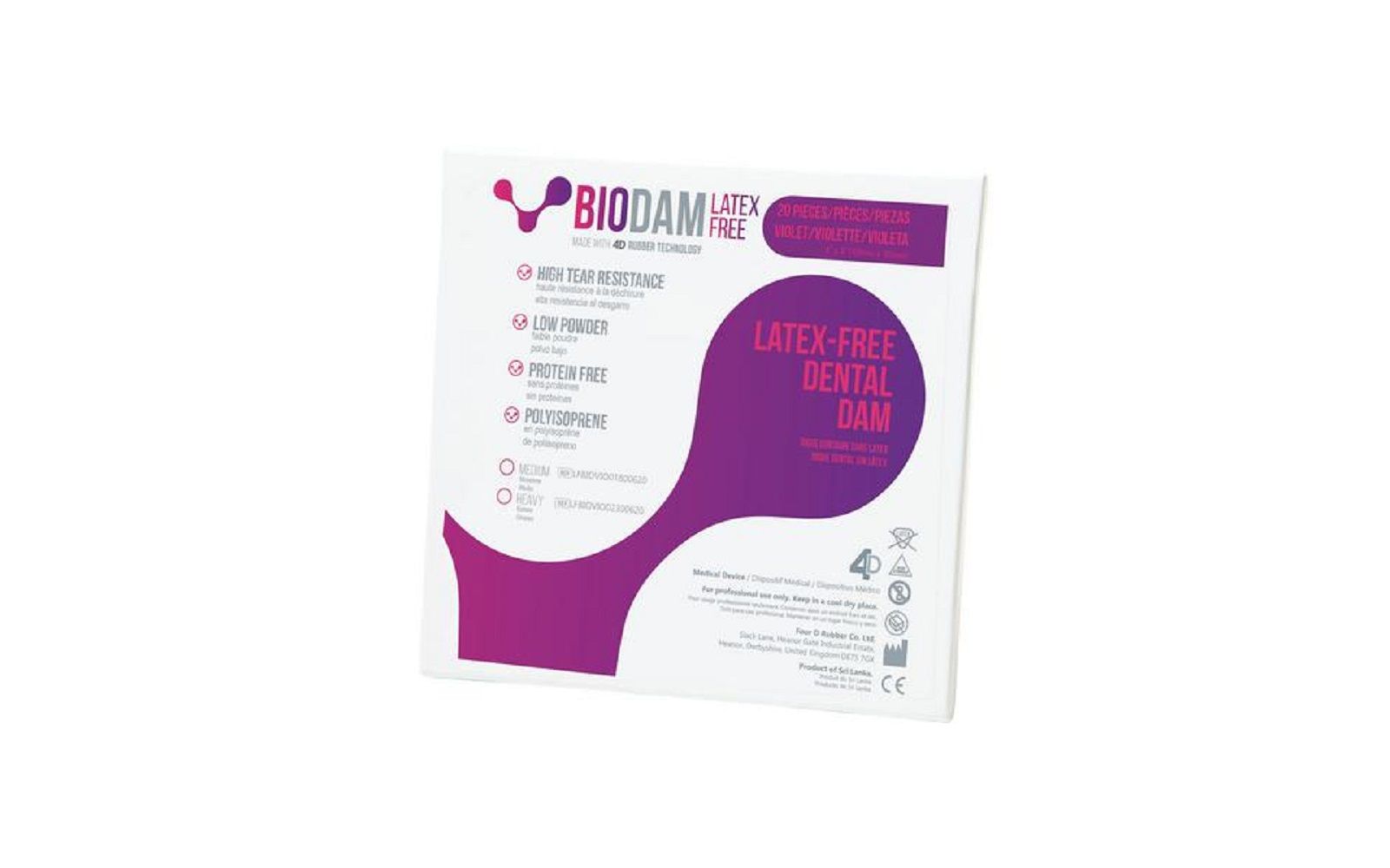 Biodam® polyisoprene dental dam – 6" x 6", latex free, violet, 20/pkg - four d rubber limited
