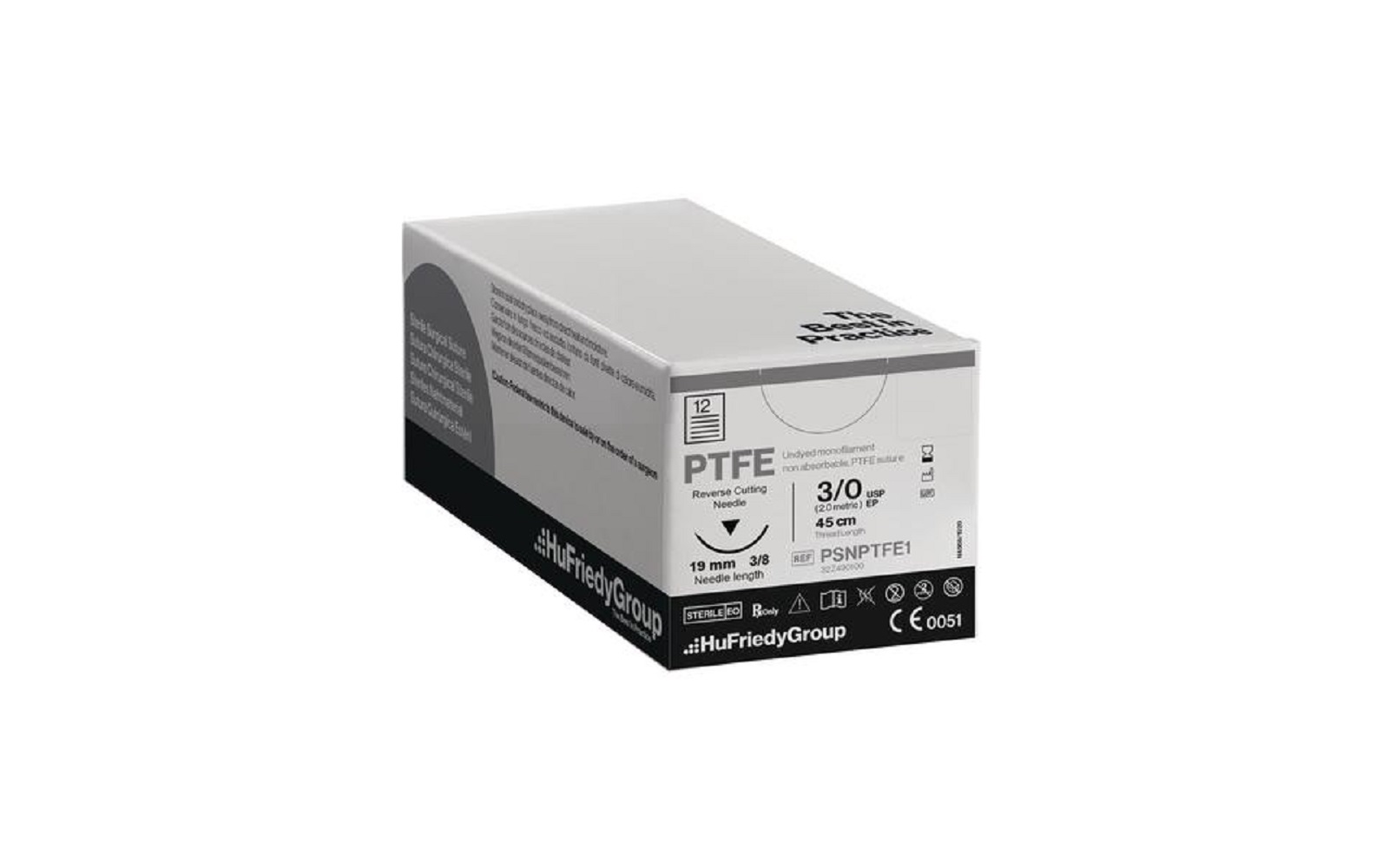 Perma Sharp&reg; PTFE Monofilament Nonabsorbable Sterile Surgical Sutures &ndash; 3/8 Circle, Reverse Cutting, 18", White, 12/Pkg - Hu-Friedy Manufacturing Co Inc