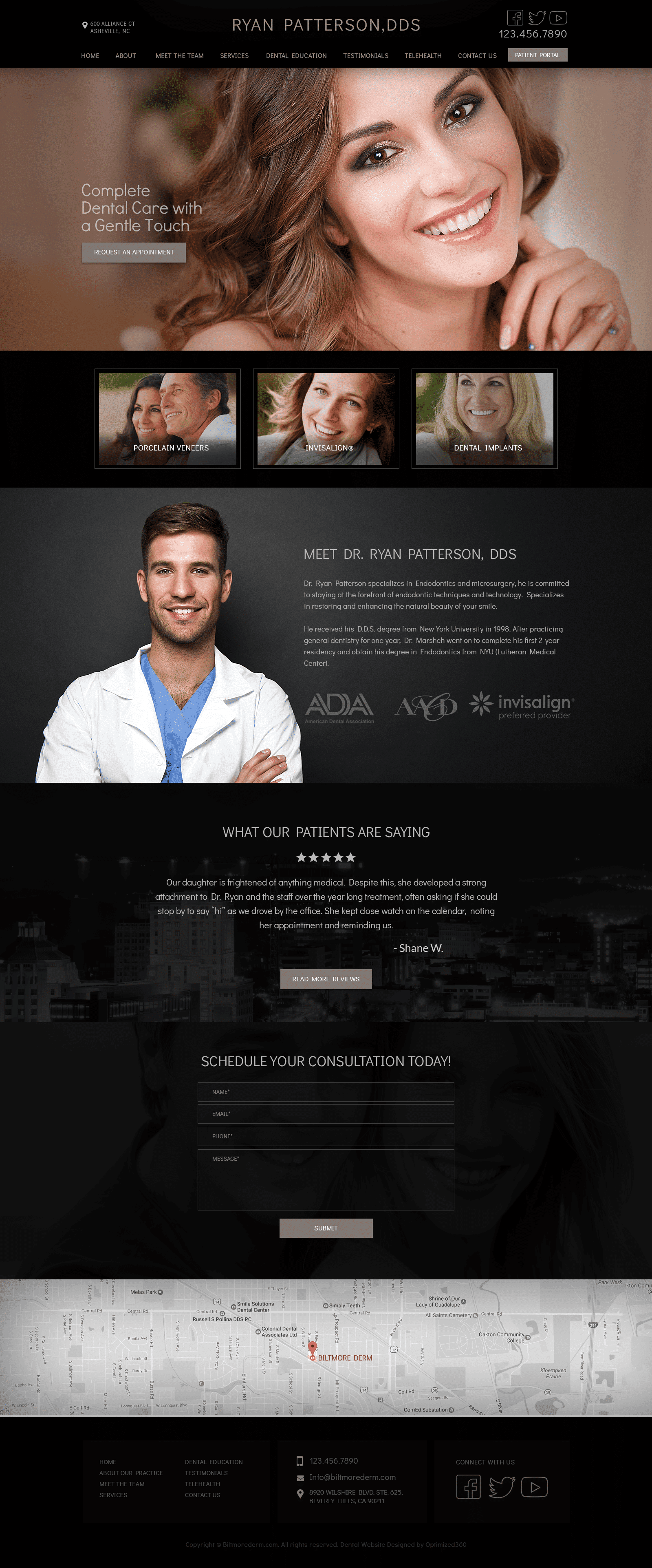 Screenshot of a dark, sleek cosmetic dentist website