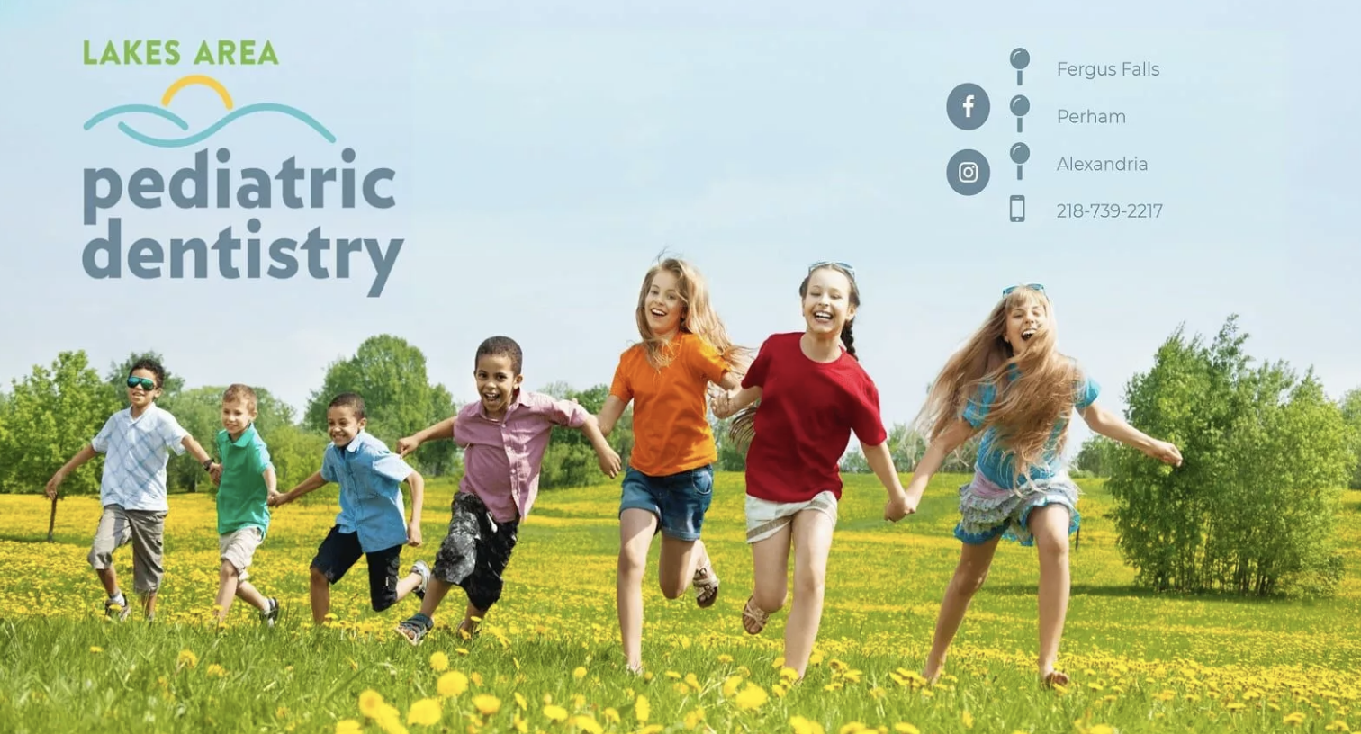 Pediatric dentistry website showing a group of kids running in nature