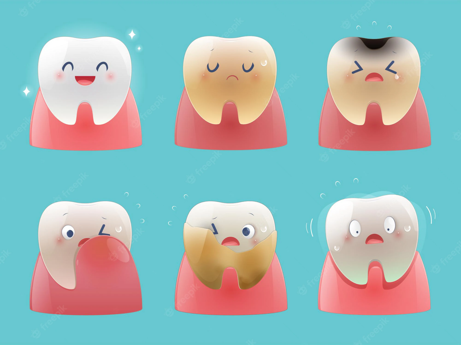 Six cartoon teeth in various levels of infection