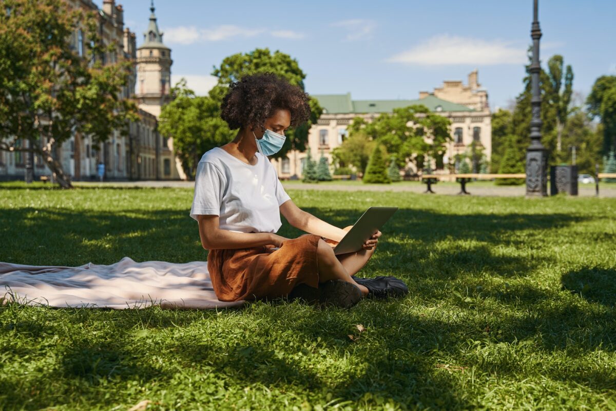 Working in the park and following the health rules