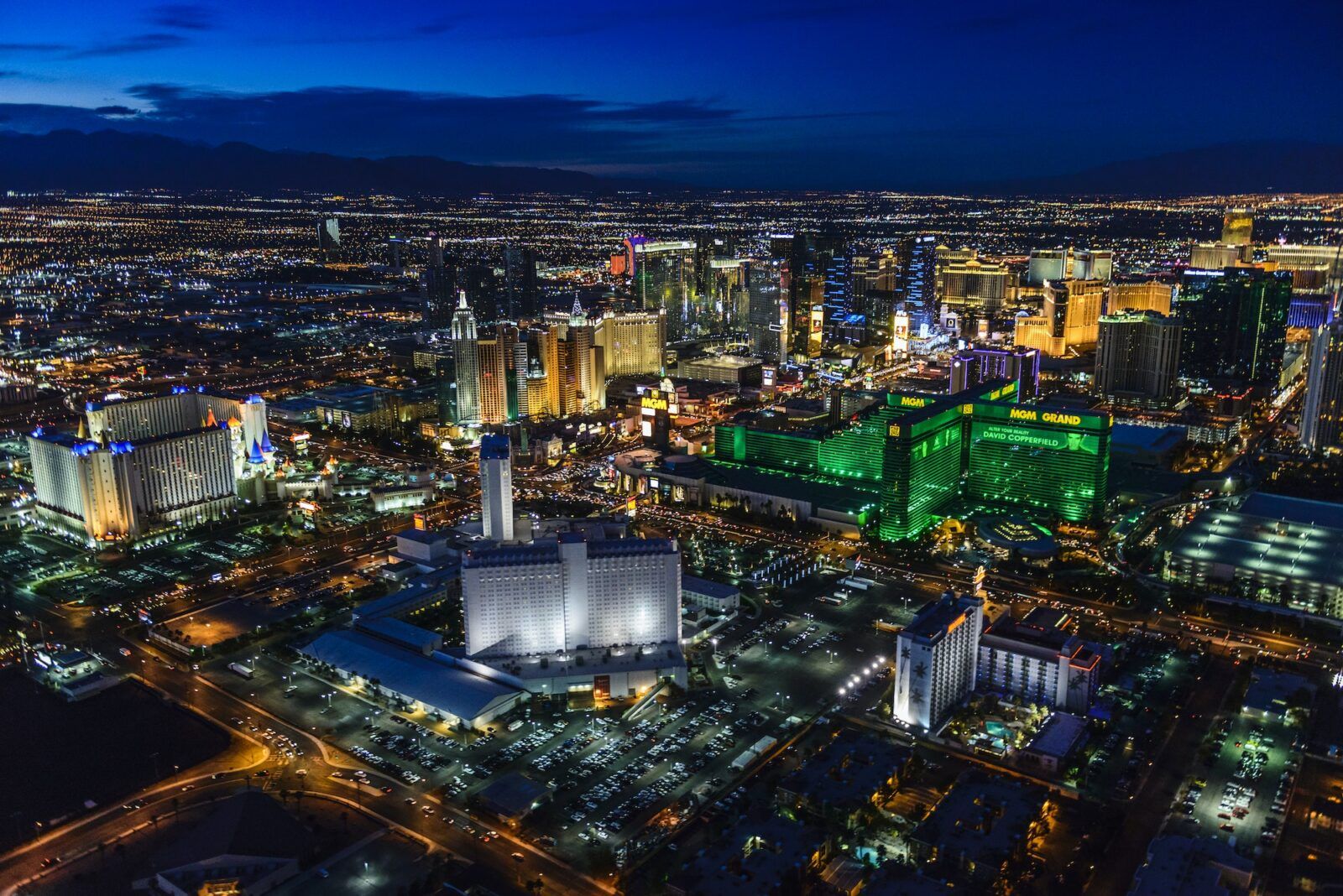 54955,Aerial view of Las Vegas cityscape lit up at night, Las Vegas, Nevada, United States